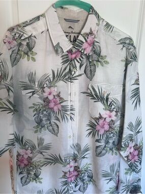 Tommy Bahama Cream Linen Relax Camp Shirt with Pink & Green Floral Print